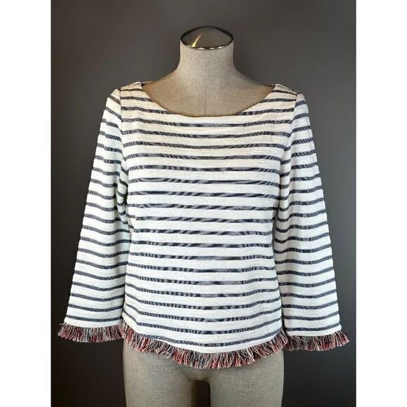 Boston Proper Rainbow Fringe Striped Top in Ivory/Blue Size S - Picture 1 of 4